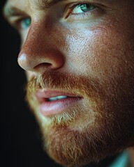 Fototapeta premium Close-up Portrait of a Man With a Red Beard and Striking Blue Eyes in Low Light During an Indoor Setting