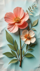 Fototapeta premium Delicate Handmade Flowers with Green Foliage on Textured Background