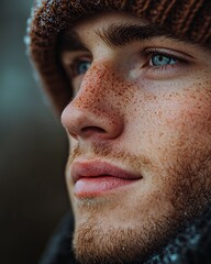 Obraz premium Close-up of a Young Man With Freckles and Blue Eyes Wearing a Knit Hat in a Wintery Outdoor Setting, Capturing a Moment of Contemplation