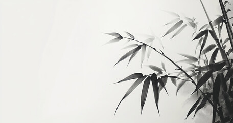 Obraz premium A minimalist ink painting of bamboo leaves on a white background, combining simplicity with traditional Chinese art. The black brushstrokes create a clean and serene design.