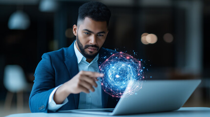 Creative professional exploring international business trade concepts using a laptop with digital technology visualization