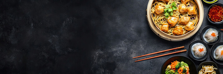 A delectable spread of Asian cuisine against a black backdrop. Noodles, dim sum, and other dishes feature on the left, with the right side left open for design or advertising purposes.
