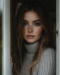 Portrait of a Young Woman in a Cozy Sweater, Standing in a Doorway, Illuminated by Natural Light, Creating a Serene and Intimate Atmosphere