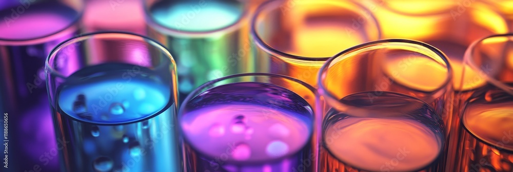 Poster colorful liquids in test tubes a close up view of science and research with space for your text