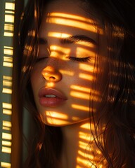 Sunlight Streaming Through Blinds Casts Intricate Patterns on a Woman's Face, Highlighting Her Features in a Serene Moment of Contemplation