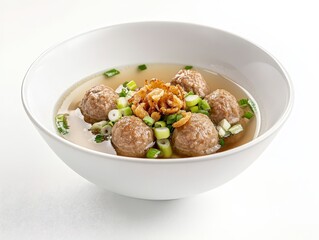 A perfectly arranged bowl of Indonesian bakso, including large beef meatballs, noodles, tofu, and a sprinkle of crispy shallots, served in a minimalist white bowl, isolated on a clean white background