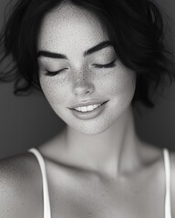 Portrait of a Woman With Freckles Smiling Softly in a Serene Moment, Showcasing Natural Beauty and Relaxed Expression Indoors
