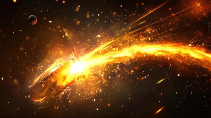 Fiery cosmic trail of a speeding object exploding with sparks in space.