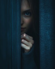 Close-up of a Woman Peering Through a Curtain With a Focused Expression, Creating an Atmosphere of Mystery and Intrigue During Twilight