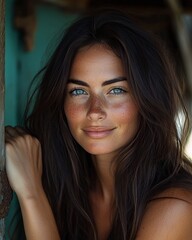 Portrait of a Young Woman With Long Dark Hair and Bright Blue Eyes, Smiling Warmly in a Rustic Setting Under Natural Light