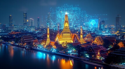 Fototapeta premium Night View of Wat Arun Ratchawararam Ratchawaramahawihan in Bangkok, Thailand with futuristic digital overlay
