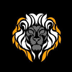 illustration vector graphic of abstract tribal art logo design lion head with black background