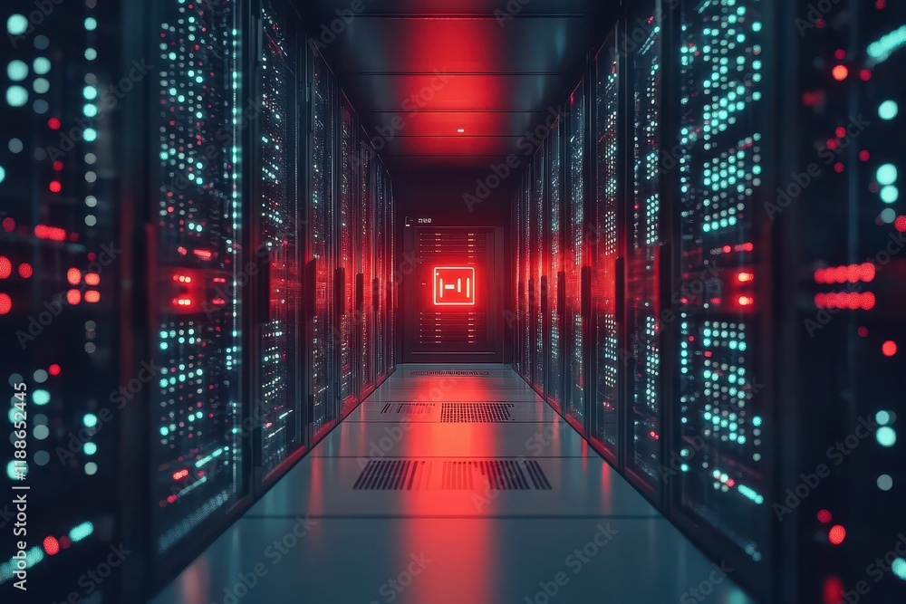Poster futuristic data center corridor with neon lights and rows of servers illuminated in red and blue, re