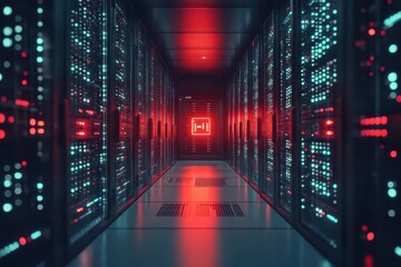 Futuristic Data Center Corridor with Neon Lights and Rows of Servers Illuminated in Red and Blue, Representing Modern Technology and Cybersecurity Concepts