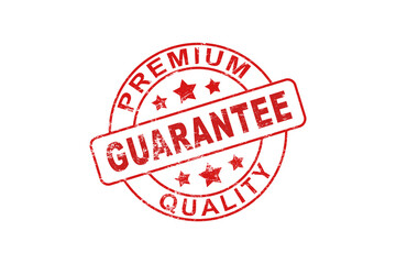QUALITY GUARANTEED red rubber stamp over a white background. PNG transparent background.