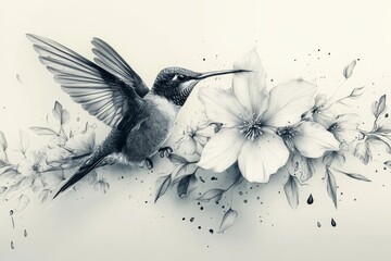 Obraz premium Elegant monochrome drawing of a hummingbird in flight, surrounded by delicate blooming flowers and subtle ink splatters