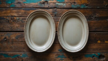 Elegant empty oval plates on rustic wooden table