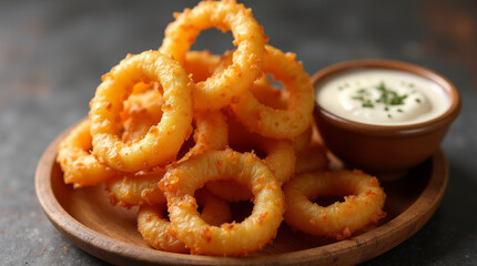 Fried onion rings on wooden serving dish with dipping sauce
