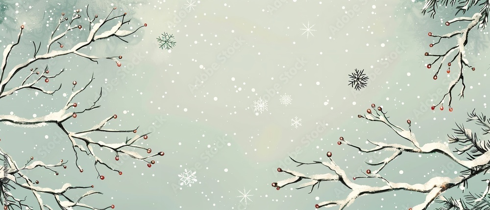 Poster an extremely detailed hand-drawn image of snow-adorned tree branches on a pale green background feat
