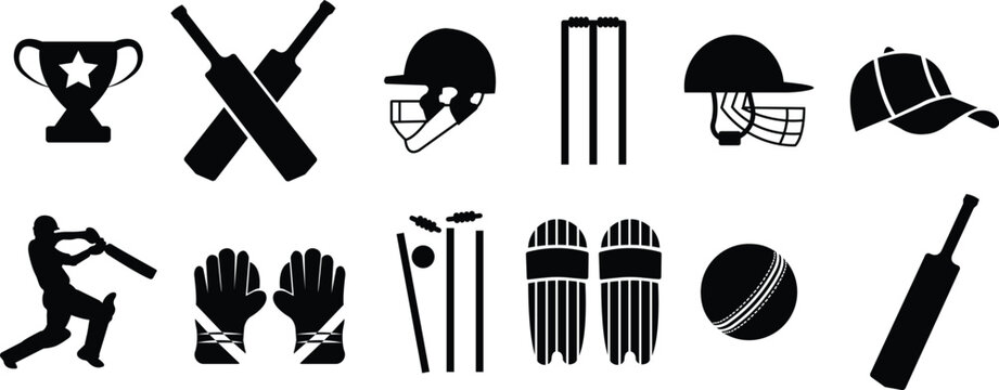 Cricket related icon set. Cricket game vector collection isolated on transparent background. Ball, Bat, gloves, best man, helmet, wicket, cup trophy and cap or more elements. Sports sign for web app