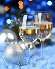 Festive Sparkling Wine Glasses with Silver Ornaments and Blue Lights