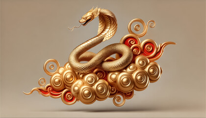 A golden snake coiled atop a stylized cloud, with intricate swirling patterns in red and gold.