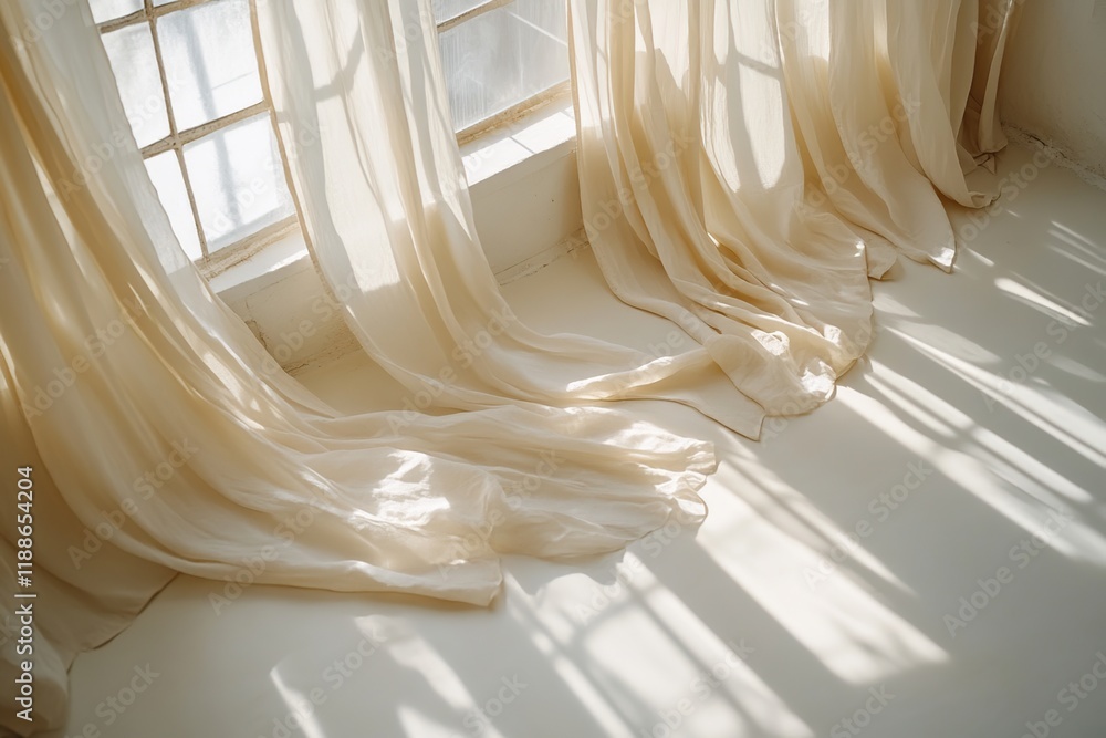 Aufkleber sunlight illuminates sheer curtains draped elegantly across window, casting shadowy patterns on floo
