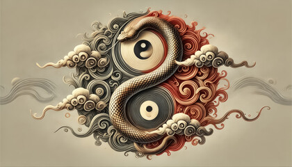 A coiled snake and swirling clouds forming a yin-yang symbol. 