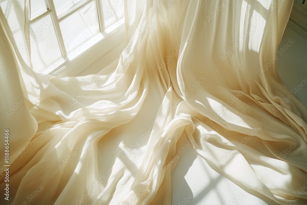 Poster sunlight illuminates draped fabric near window, creating soft shadows and texture. home decor inspir