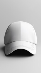 3D render of a white baseball cap isolated on a light grey background with a clipping path, a magazine advertisement mockup template for design and presentation. Text spase