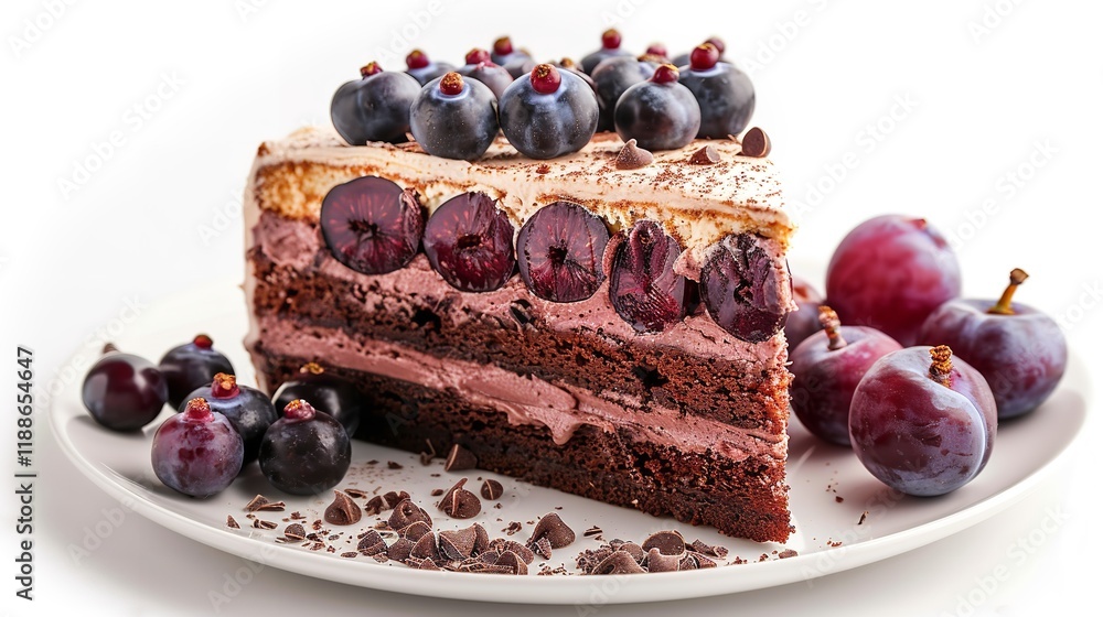 Poster a close-up of a plum and chocolate sponge cake from above set on a stark white background with plent