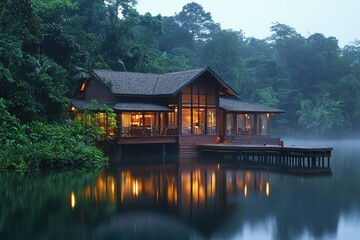 Obraz premium Lake House Serenity: Tranquil Waterfront Home nestled in Lush Forest at Dusk, Reflecting Peaceful Atmosphere.