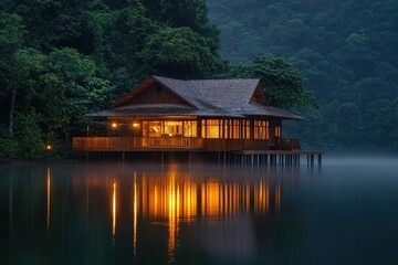 Fototapeta premium Lake House at Dusk: Tranquil Lakeside Cabin Reflecting Golden Lights in Serene Nature
