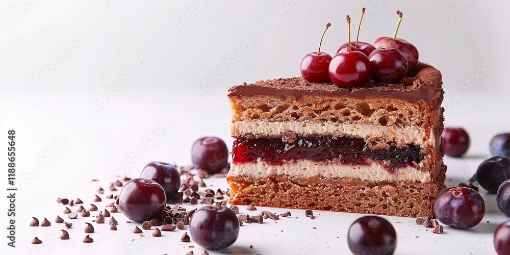 Poster a close-up of a plum and chocolate sponge cake from above set on a stark white background with plent