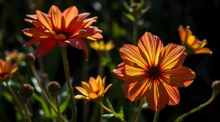 Vibrant field of orange, red, and blue flowers in full bloom.