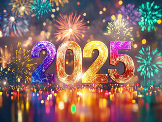 Vibrant "2025" numbers glow against colorful fireworks on New Year's Eve. The warm, celebratory design bursts with energy, creating a festive and lively atmosphere for the occasion.
