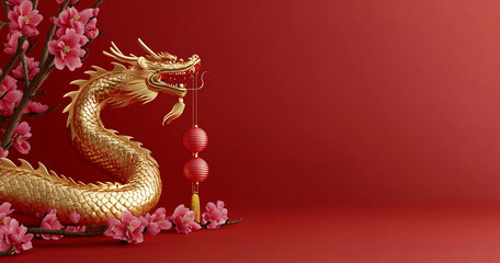 Fototapeta premium A sleek golden snake coiled with a lantern and pink flowers on a rich red background, embodying the elegance of the Chinese New Year festival in a minimalist and refined style.