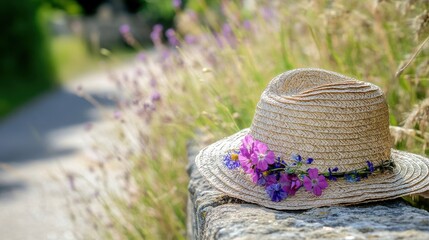 Elegant Straw Hat with Flowers on a Country Path