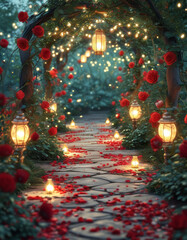 Valentine wedding garden path: An empty romantic path, rose petals and surrounded by glowing lanterns, magical love scenery, product presentation background