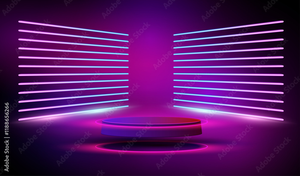 Poster realistic podium with glowing neon led lamps and light lines in futuristic gaming design. display sp