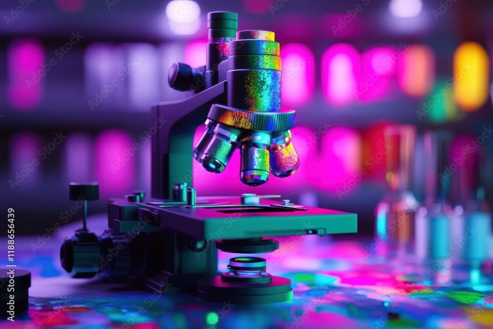 Poster colorful laboratory microscope illuminated with vibrant lights in a research setting
