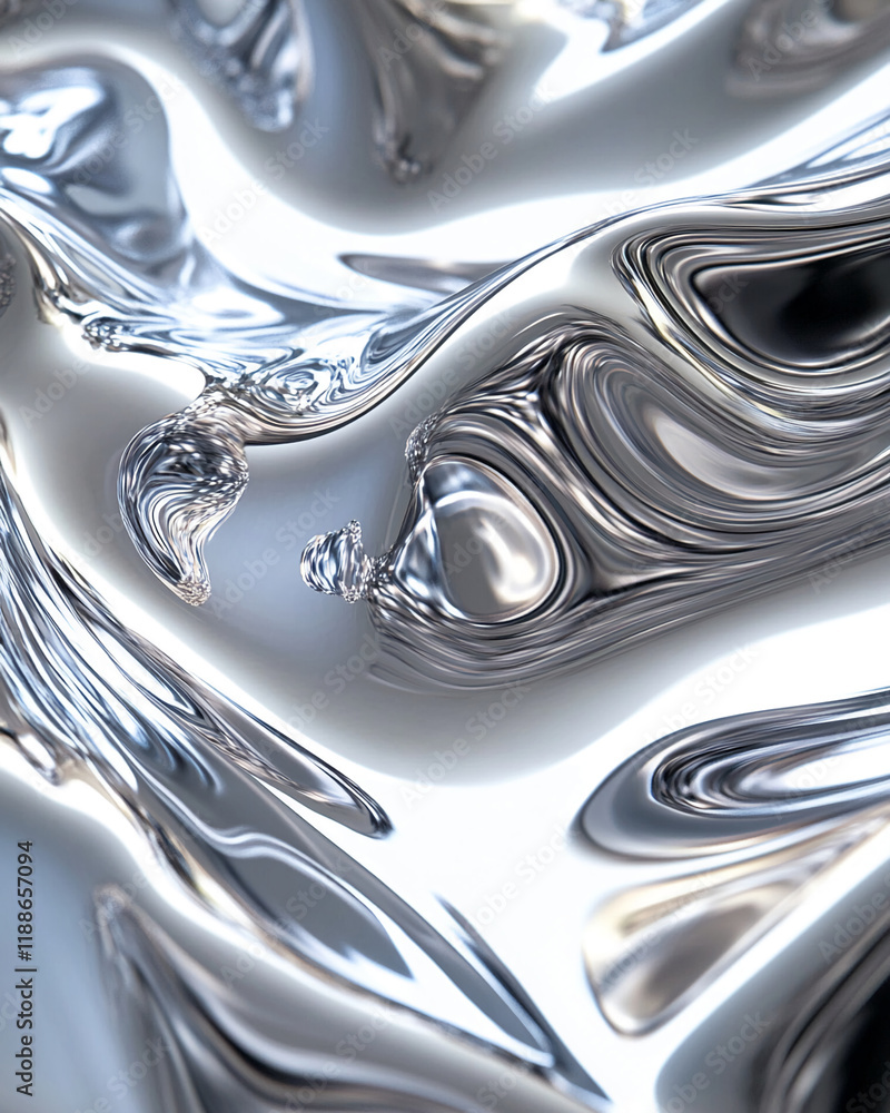 Poster Abstract liquid silver waves with metallic reflections and smooth texture