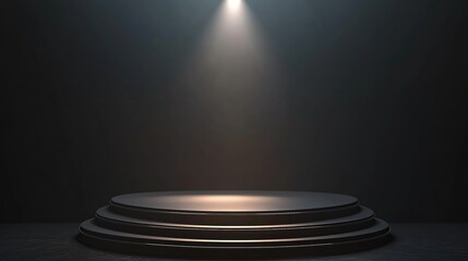Obraz premium Illuminated circular stage platform in dark room.