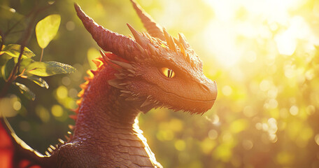 A majestic cartoon dragon in warm sunlight, its vibrant scales and animated expression radiating life. The colorful background enhances the lively, fantastical essence of this scene.