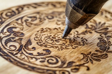 Intricate Wood Burning Design with Pyrography Tool in Action