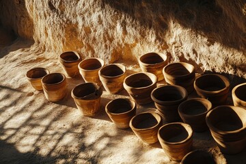 Clay Pots Arranged on Sandy Ground with Soft Natural Lighting