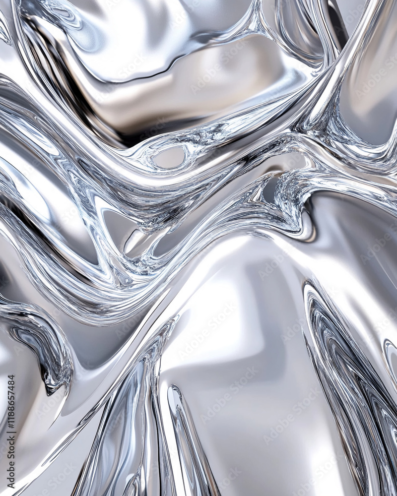 Poster abstract silver liquid waves with reflective metallic patterns