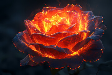 A glowing rose with digital petals forming heart shapes, symbolizing love and beauty