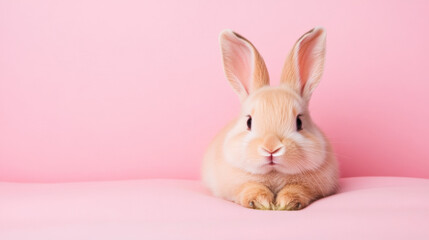 Obraz premium Rabbit, A cute rabbit sits on a soft pink surface, showcasing its fluffy fur and large ears, creating an adorable and playful ambiance.