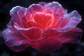 A glowing rose with digital petals forming heart shapes, symbolizing love and beauty